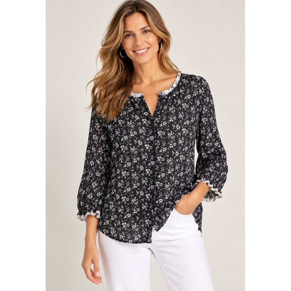 Madewell Button Front Shirt Top ~Sz S~Black Ditsy Floral Cotton Dark Cottagecore